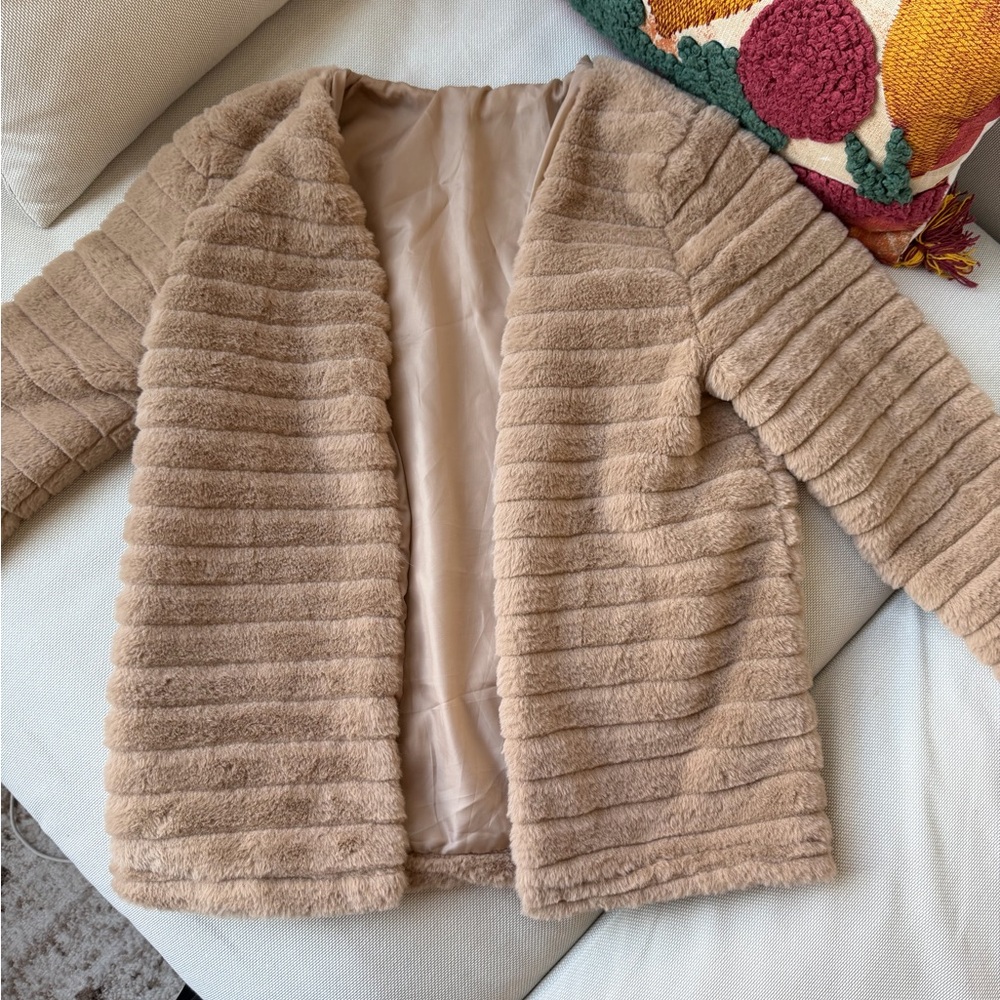 Plush Faux Fur Open Front Jacket - Beige